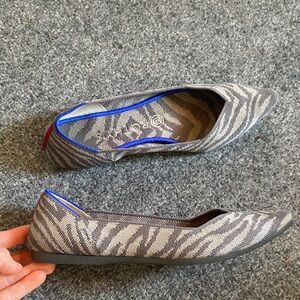 Rothy's Gray Zebra-Print Pointed Ballet Flats with Blue Trim